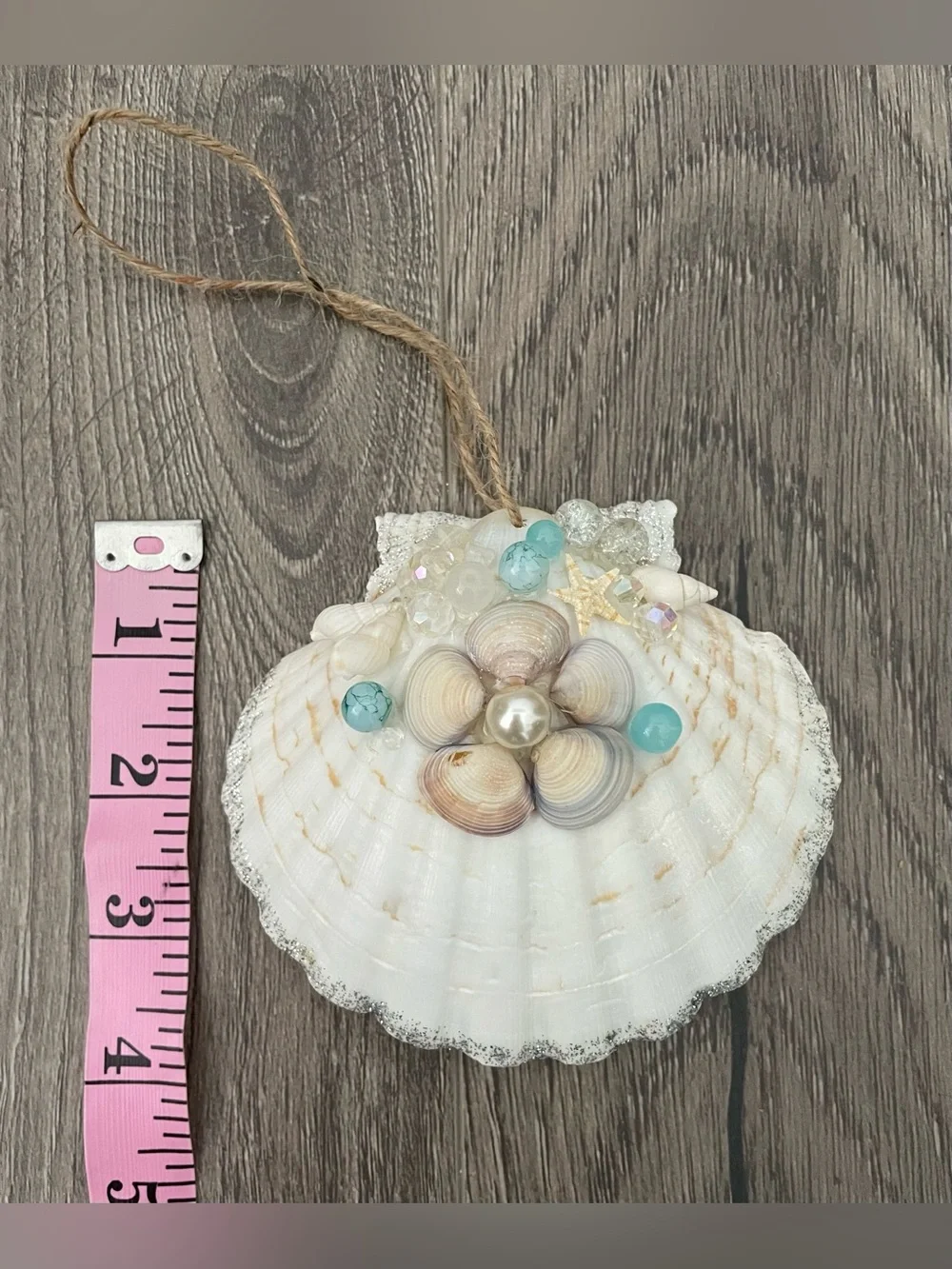 Seashell Ornament Handmade 4.5-5” Beaded Glitter Flower Aquamarine Christmas